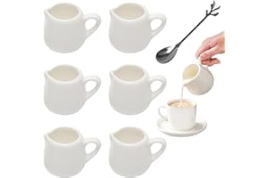 MAIXINNEW 6 Piezas Mini Jarras Leche Cerámica Blanca 50ml, Jarra Ceramica Cafe Pequeña con Cuchara, Jarra Pequeña para Salsa Blanca para Leche, Café, Salsa, Crema, Jarabe