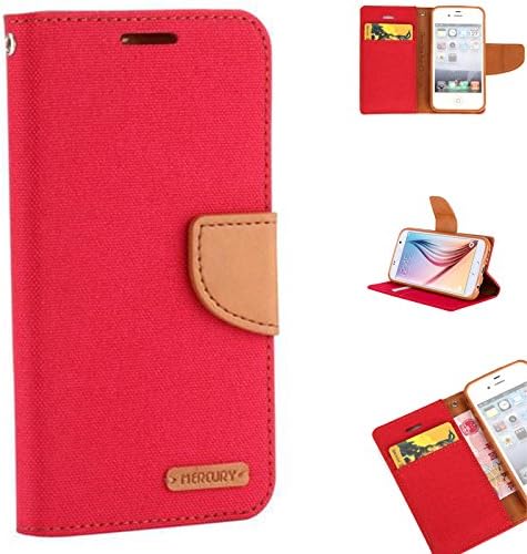 Huawei P9 Canvas Cover (Red) – Huawei P9 Hybrid Case Made From Premium Leather Mixed with Denim Fabric Material - Debit and Credit Card Slots and Brown Leather Magnetic Clasp