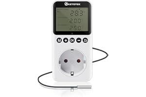 KETOTEK Enchufe Termostato con Dia Noche Temporizador, Digital Controlador de Temperatura Enchufe con Sonda de 3m Reptil Terrario Invernadero Fermentación Calefacción Refrigeración Celsius/Fahrenheit