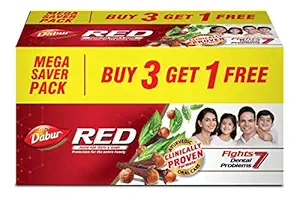 Dabur Red Paste - Indias No.1 Ayurvedic Paste, Provides Protection Plaque Removal, Toothache, Yellow Teeth, Bad Breath- 600g (150gm*4)