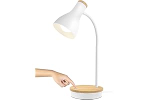 LALISU Tischlampe Basic LED Leselampe im Klassichen Holz-Design, Schreibtischlampe Augenschutz Tageslichtlampe, Verstellbarem Arm (Weiß-T01)