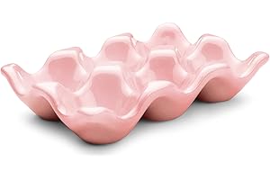 Flexzion Portauova in ceramica per frigorifero, vassoio per 6 uova, mezza dozzina, contenitore in porcellana, organizer decorativo, per frigorifero, piano di lavoro, cucina, colore: rosa