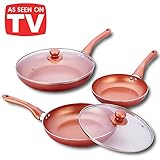 Juego de 3 sartenes de cobre de gran resistencia. Set de 5 piezas con 2 tapas de cristal templado incluidas. Juego de sartenes con revestimiento de cobre y cerámica. 20, 24 y 28 cm de diámetro. Sartenes de cobre brillante con antiadherente de cerámica. Compatibles con cocinas de inducción. Color cobre. PR2