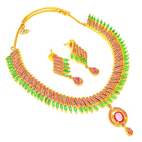 Jewar MandiGold Plated Gemstone Ruby Emerald CZ FINE Real Diamond Look Stylish Designer Pave Jewelry 3519 Necklace for Women Girls