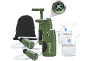 Purewell Water Filter Pump for Camping - Portable Water Purifier with 0.01 Micron Filter, Removes Bacteria - Emergency Survival Water Filtration System for Hiking, Travel & Outdoor Adventures