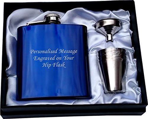 Personalised 6oz Blue Hip Flask in Gift Box with Funnel and 4 Shots (White Liner) Wedding Gift, Birthday Gift, Fathers Day, Christmas Gift