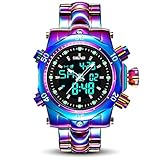 Amstt Digitaluhren für Herren Edelstahl Uhr mit Kalender Alarm Luminous Analog Quarzuhren (Violett)