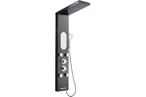 KEOKBON Stainless Steel LED Shower Tower Column Panel 5 Function 5 in 1 Shower System with Overhead Rainfall, 2 Body Massage, Handheld Shower, Waterfall Bath Spout, Stainless Steel Black Finish