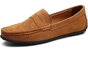 MUYIN Driving Moccasins for Men Genuine Leather Round Toe Stitching Details Suede Vamp Rubber Sole Penny Loafer Lightweight Resistant Flexible Anti-Slip
