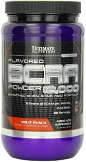 Ultimate Nutrition Flavored BCAA Powder 12000 Branched Chain Post Workout Amino Acid Supplement, Caffeine-Free with 3g Leucine 1.5g Valine 1.5g Isoleucine- Fruit Punch, 60 Servings