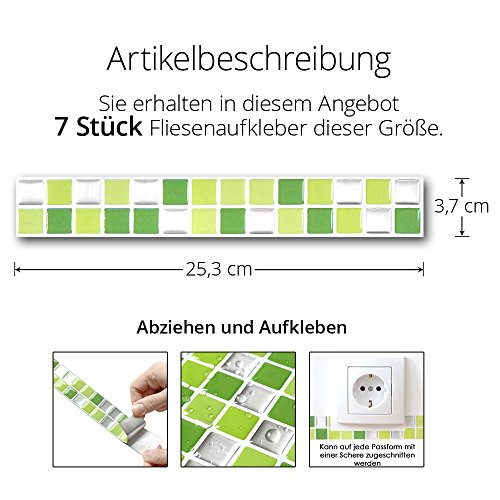 7er Pack 25,3 x 3,7 cm Wandaro 3D Mosaik Fliesenaufkleber W3366 große Auswahl für Küche Bad Fliesendekor selbstklebend Folie hellgrün grün silber Design 9 - 4