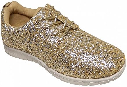Ladies Lace Up Glitter Sparkly Trainers Sneakers Gym Pumps Fitness (UK 4, Gold Glitter)