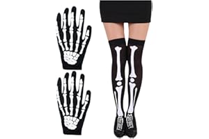COONE Women Stockings High Socks and Skull Ghost Gloves for Halloween Festival Cosplay Costume Party