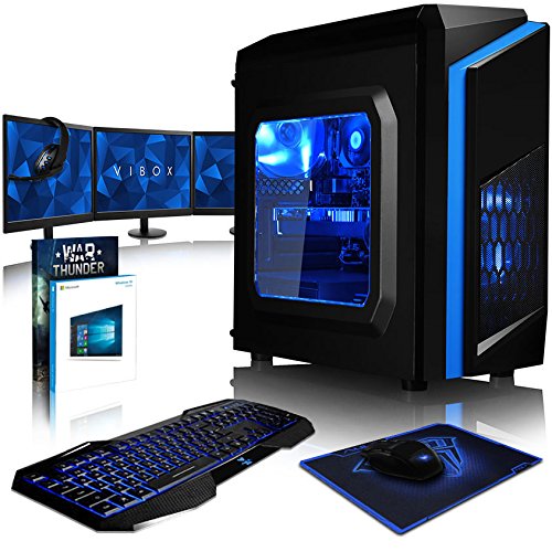 VIBOX Killstreak GS770-76 Komplett-PC Paket Gaming PC - 4,2GHz Intel i7 Quad Core CPU, GTX 1070, leistungsfähig, Desktop Gamer Computer mit Spielgutschein, 3x Dreifach 22" Monitor, Gamer Tastatur & Mouse, Windows 10, Blau Innenbeleuchtung, lebenslange Garantie* (3,6GHz (4,2GHz Turbo) Superschneller Intel i7 7700 Kabylake Quad 4-Core Prozessor CPU, Nvidia GeForce GTX 1070 8GB Grafikkarte, 8GB DDR4 2133MHz RAM, 2TB Festplatte, 600W 85+ Netzteil, F3 Blau Gehäuse, B250 Mainboard)