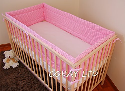 NURSERY BUMPER 420 cm LONG ALL ROUND BUMPER TO FIT BABY COT BED (GINGHAM PINK)