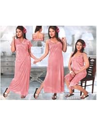 Indiatrendzs Satin Nighty Babydoll Night Dress Peach 4pc Set Night Wear