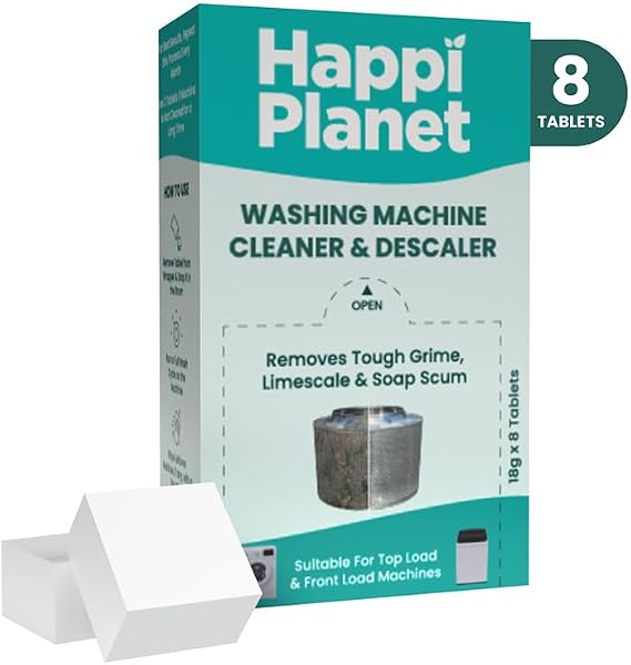 Happi Planet | Washing Machine Cleaner & Descaler Tablets | 8 Tablets | Removes Tough Grime, Limescale & Soap Scum | Used for Top & Front Load | Protects Clothe