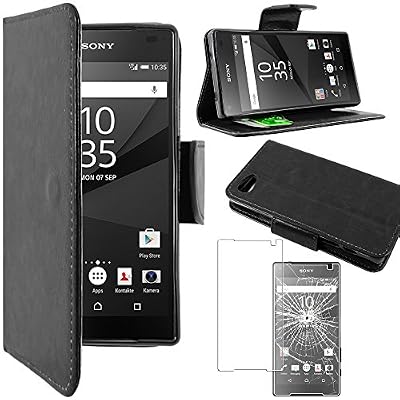 ebestStar - pour Sony Xperia Z5 Compact - Housse Coque Etui Portefeuille Support PU Cuir + Film protection écran en VERRE Trempé, Couleur Noir [Dimensions PRECISES de votre appareil : 127 x 65 x 8.9 mm, écran 4.6''] [Note Importante Lire Description]
