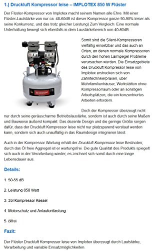 850W Flüster – Kompressor Druckluftkompressor nur 55dB leise ölfrei IMPLOTEX - 8