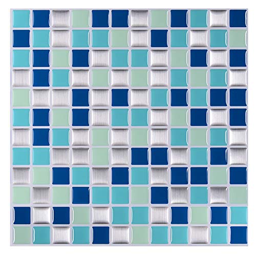 STICKGOO Pegatinas de azulejos autoadhesivos 3D, Decorativos Adhesivos para Azulejos Pegatina de Pared, Impermeable Azulejos de Gel, Diseño de Mosaico con Motivo, para Baño y Cocina (Azul mixto)