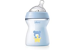 Chicco Butelka Natural Feeling, Antykolkowa, Dla Niemowląt 2 miesięce + 250 ml, z Miękkim i Elastycznym Silikonowym Smoczkiem, Odpowiednia do Karmienia Naprzemiennego, Przepływ Średni, niebieska