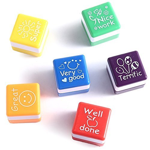 Wuiyepo 6pcs Escuela Profesor de Inglés Auto entintado Praise Stamper Recompensa Anime Pegatina sello