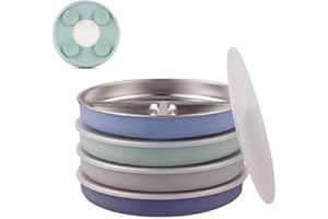 Elk and Friends Kids Stainless Steel Divided Plates with Silicone Suction Sleeves + Lid | Suitable for Babies/Toddlers | Dishwasher Safe | Stay Put Dinnerware | Snack Dishes | 4 Pack