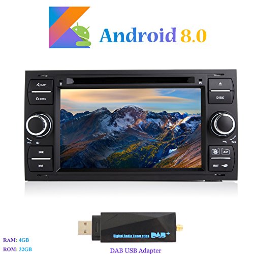 Android 8.0 Autoradio, Hi-azul 2 DIN 7" Radio de Coche 8-Core RAM 4G ROM 32G Navegación GPS Auto Radio para Ford Focus, Fiesta, C-MAX, S-MAX, Kuga (Negro, con Adaptador USB Dab)