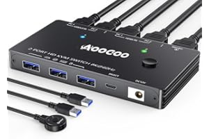 AOOCOO Commutateur KVM HDMI 2 PC 1 moniteur 8K à 60 Hz/4K à 120 Hz Commutateurs KVM télécommande filaire Câble USB 3.0 inclus
