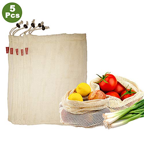 Woo Well Bolsas de Vegetales Reutilizables de algodón, Bolsas de Frutas y Vegetales, Bolsas de Malla Transpirables, Hermosas Bolsas de algodón Natural, 5 Piezas- 5X L*(30 * 40cm)