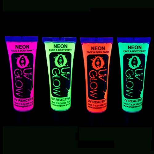 UV Glow Neon Face and Body Paint 10ml - Set of 4 Tubes - Fluorescent