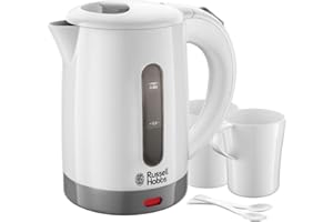 Russell Hobbs Electric 0.85L Travel Kettle, Small & Compact, Dual voltage, Ideal for abroad/caravan/camping, inc 2 cups & spoons, Removable washable anti-scale filter, water windows, 1000W, 23840