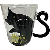 Kedi Desenli Cam Kupa, Siyah Kedi Tasarımlı, Kedi Kuyruklu Kulp, 250 ml, 9 cm Y&uuml;kseklik