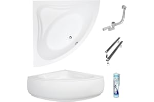 ECOLAM Badewanne Mia 140x140 cm Schürze | Wanne mit Sitz | Acrylwanne Eckwanne Modern Design Eckbadewanne + Ablaufgarnitur Ab- Überlauf Automatik Füße Silikon Komplett-Set Acryl weiß