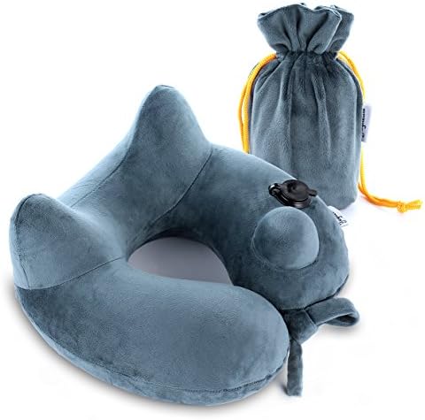 Travel Pillow Invention : Ergonomic Neck support and super fast Inflatable pillow with Airbag button. Soft, Portable and Lightweight for Sleeping on Airplane, Car, Train and Home use. U-Shaped, Grey.