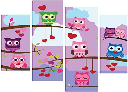 A Stunning Owl Canvas on a Purple Backround - Canvas Art For Children - 4 Split Panel Design 71cm x 101cm - FREE HANGING KIT INCLUDED
