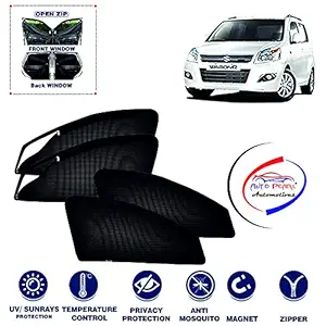 Auto Pearl Zipper Magnetic (Front / Rear) Cotton Mesh Fabric Sun Shades Car Curtain for - WagonR 2013 - Set of 4 pcs- (Color Black)