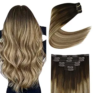 Youngsee 14inch 7pcs Remy Straight Clip in Hair Extensions Human Hair Dark Brown fading to Light Brown Mixed Light Blonde Full Head Balayage Clip in Human Hair Extensions 120g Per Set