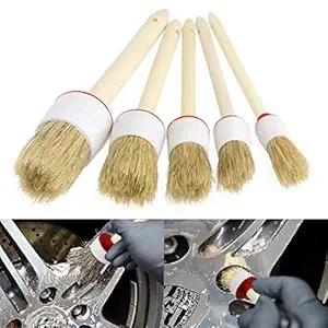 DIY Crafts Car SUV Detailing Wheel Wood Handle Brushes For Cleaning Dash Trim Seats Handy Washable Car Cleaning Tool Accessories (Pack Of 5 Pcs, Ivory Wood Colour)