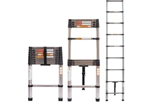 AUTOFU Telescopic Ladder 2.6m Collapsible Telescoping Extension Ladder 9 Adjustable Steps Portable Extendable Ladder Multi-Purpose for Garden Loft Office RV Car, 330lb Capacity EN131