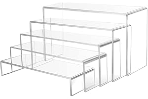 Wealrotn 5PCS Clear Acrylic Riser Display Stands, Transparent Rectangular Tiered Display Shelf for Funko POP Figures, Perfume, Cupcake, Toys Model, Dessert