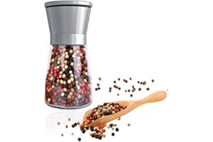 Bugucat Macina Sale e Pepe,Premium Saliera e Pepiera in Acciaio Inossidabile con Corpo in Vetro e Grana Regolabile,Frantoio Manuale con Supporto Abbinato Saliera e Pepiera per Cucina e Chef