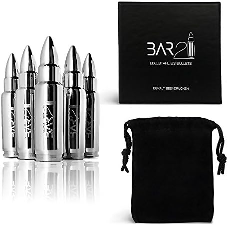 Ice Cube Bullets BAR2II • •, Stainless Steel, Set of 6 Premium Stainless Steel Whisky Stones •, Reusable Ice Cubes in The impressive Munitions Design Cloth Bag •;