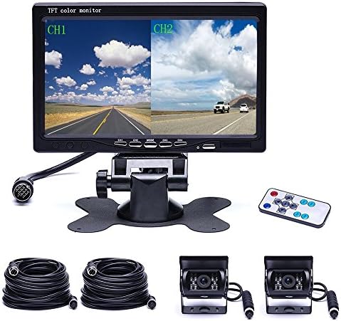 Camecho Dual Camera Backup System 4 Channel Input Rear Camera 18 Auto IR Night Vision Waterproof Aviation 4 Pins Connector 33 ft AV Cables Suitable For Trucks /RV / Trailer / Bus