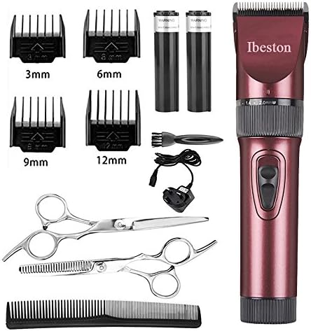 Hair Clippers, Ibeston Quiet Cordless Hair Clippers Set Electric Hair Trimmer for Men and Baby Rechargeable Haircut Kit with 2 Batteries 4 Guide Combs 2 Scissors and 1 Hair Comb (Red)