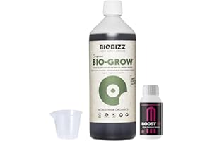 GROWMANIA.ES GROWMANIA Fertilizante Bio Grow de BioBizz 1 L + Muestra Boost Up de Up Nutrients + Vaso Medidor | Abono 100% Orgánico para Etapa de Aumento de Plantas y Cultivos | Sustrato Natural Todo Tipo Tierras