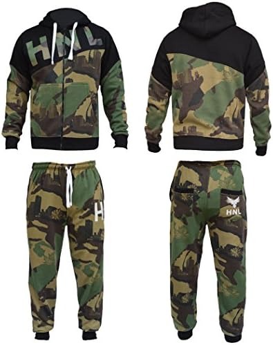 Extras Fashion Mens Camouflage HNL Tracksuit Full Zip Hoodie Cuffed Joggers Bottoms Suit Set S M L XL (Green, S)