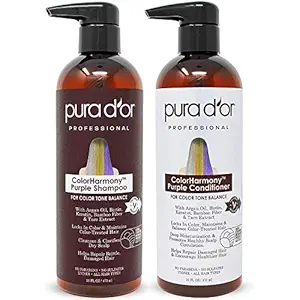 PURA DOR ColorHarmony Purple Shampoo & Conditioner Biotin Set (16oz x 2) For Bleached, Blonde, Silver & Color Treated Hair - Keratin, Bamboo Fiber, No Sulfates, Natural Ingredients - Men & Women