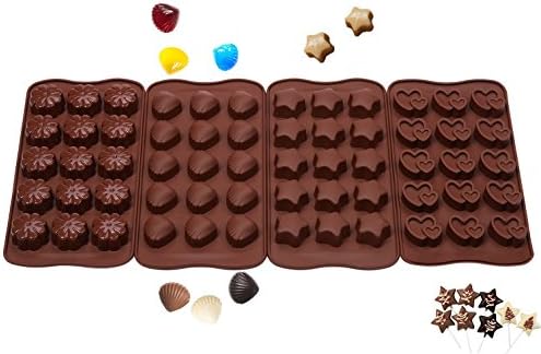 Chocolate Moulds Silicone, Candy Moulds, Ice Cube Moulds, Soap Moulds, Bath Bomb Moulds, Non Stick Silicone Moulds Set of 4 Shapes (Heart Star Flower Shell)