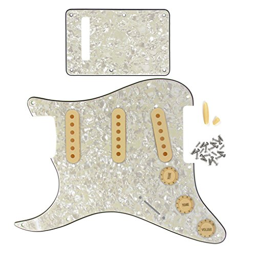 FLEOR SSS Style Left Handed Pickguard Back Plate with 50mm 52mm(2pcs) Pickup Covers 2T1V Control Knobs Switch Tips Guitar Part for Fender Electric Guitar, Aged Pearl